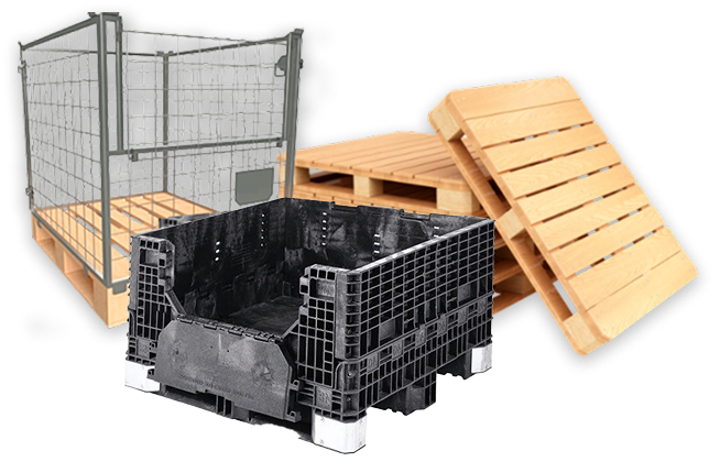 Combinação de itens de transporte: rack metálico, pallets e caixa GLT